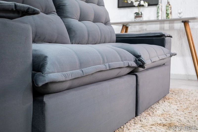 Sofá Retrátil Reclinável Atenas 2.10m Veludo Cinza D33 e Molas Ensacadas - Móveis furniture
