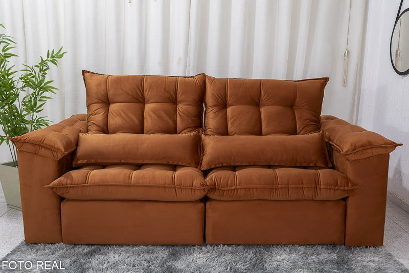 Sofá Retrátil Reclinável 2.30m Ipanema Veludo Terracota - Móveis furniture