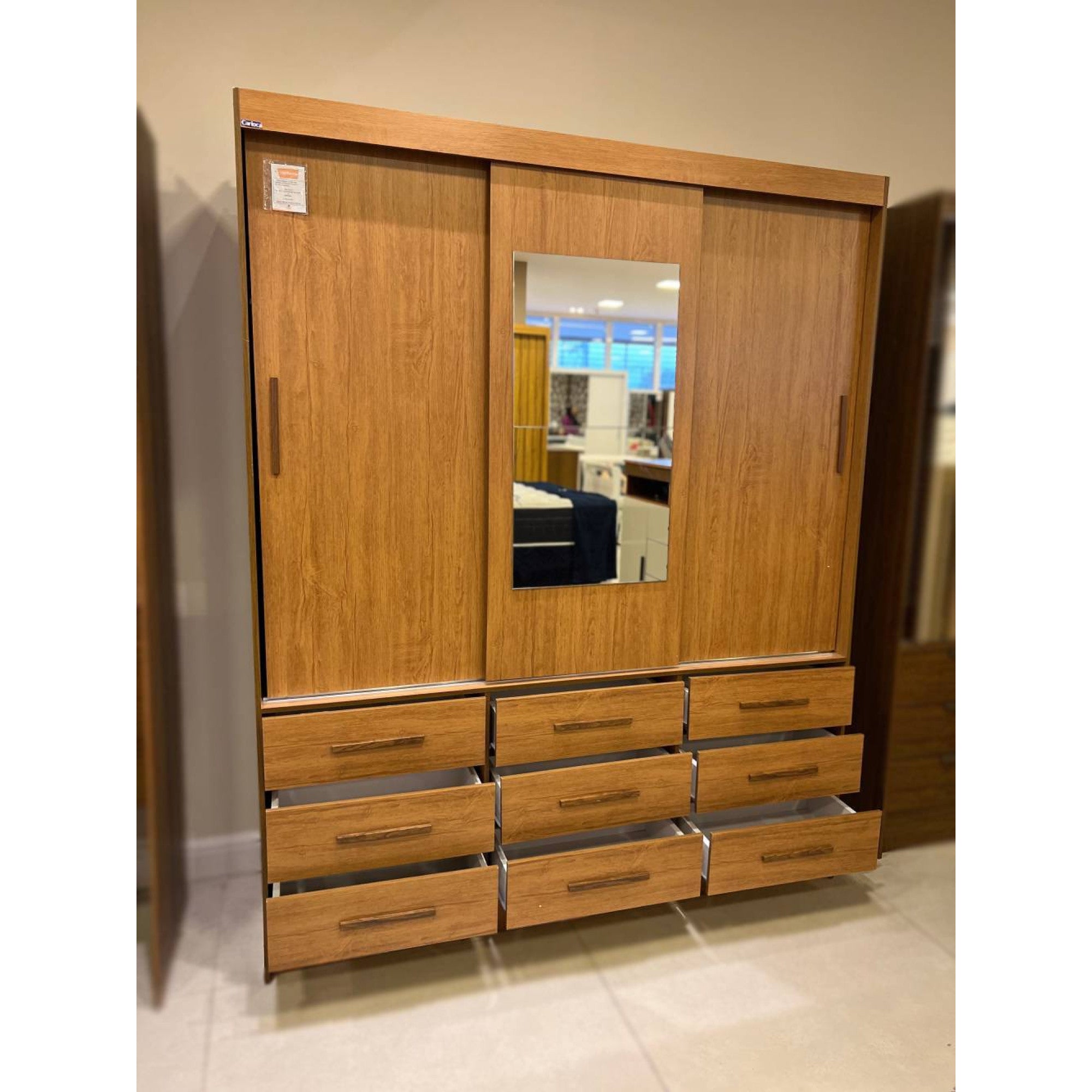 Roupeiro Sevilha 3 Portas 9 Gavetas C/Espelho Larg. 1.62m Cinamomo - Móveis furniture