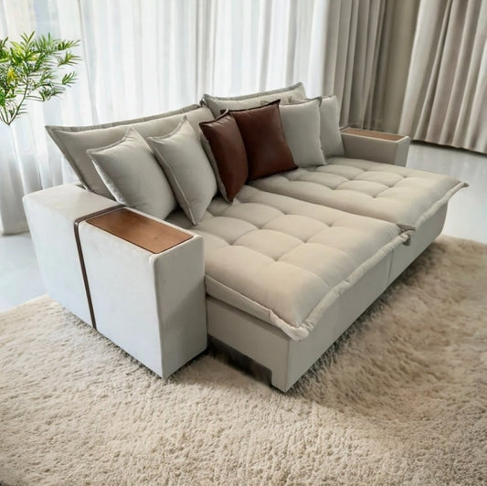 Sofá Cama Thebas/Gabriela 2,90 m Linho Cru 304/Courino Dalas – ZARAT ESTOFADOS - Móveis furniture