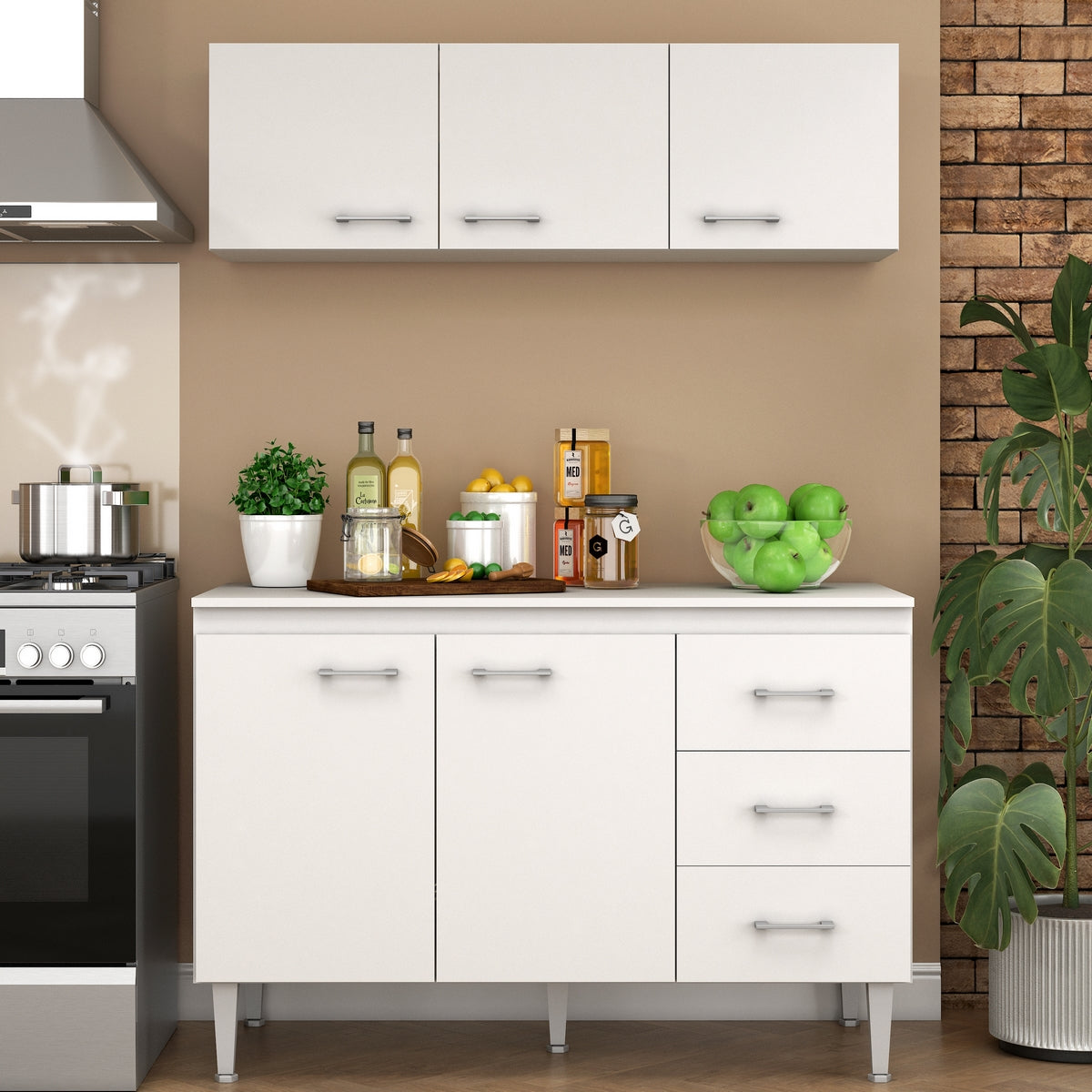 Armário Aéreo 3 portas Ipanema + Balcão(Tampo Comum)Copacabana Branco – FELLICCI - Móveis furniture