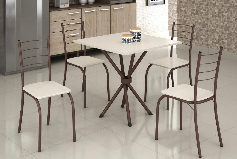 Conjunto Mesa Tubular Rio Marrom com 4 cadeiras Tampo Ardósia Off White – 0.75×0.75 - Móveis furniture