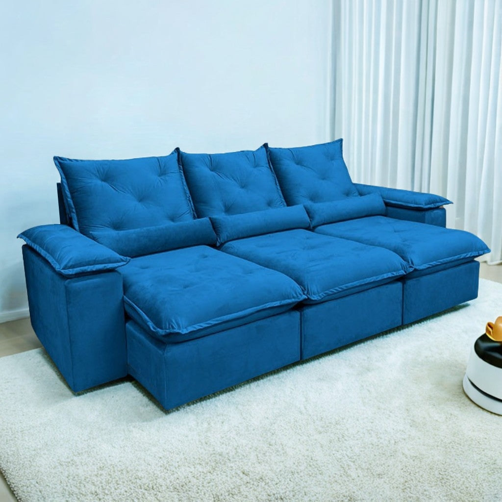 Sofá Retrátil e Reclinável Brasão 2,70 m Veludo Azul – MD ESTOFADOS