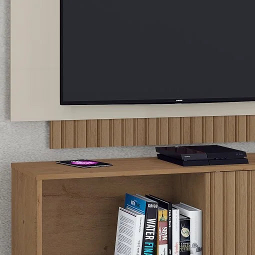 Rack com Painel Malaga para TV até 50 Polegadas 1 Porta Atualle Canelato Rústico 3D Natura Off White - Móveis furniture