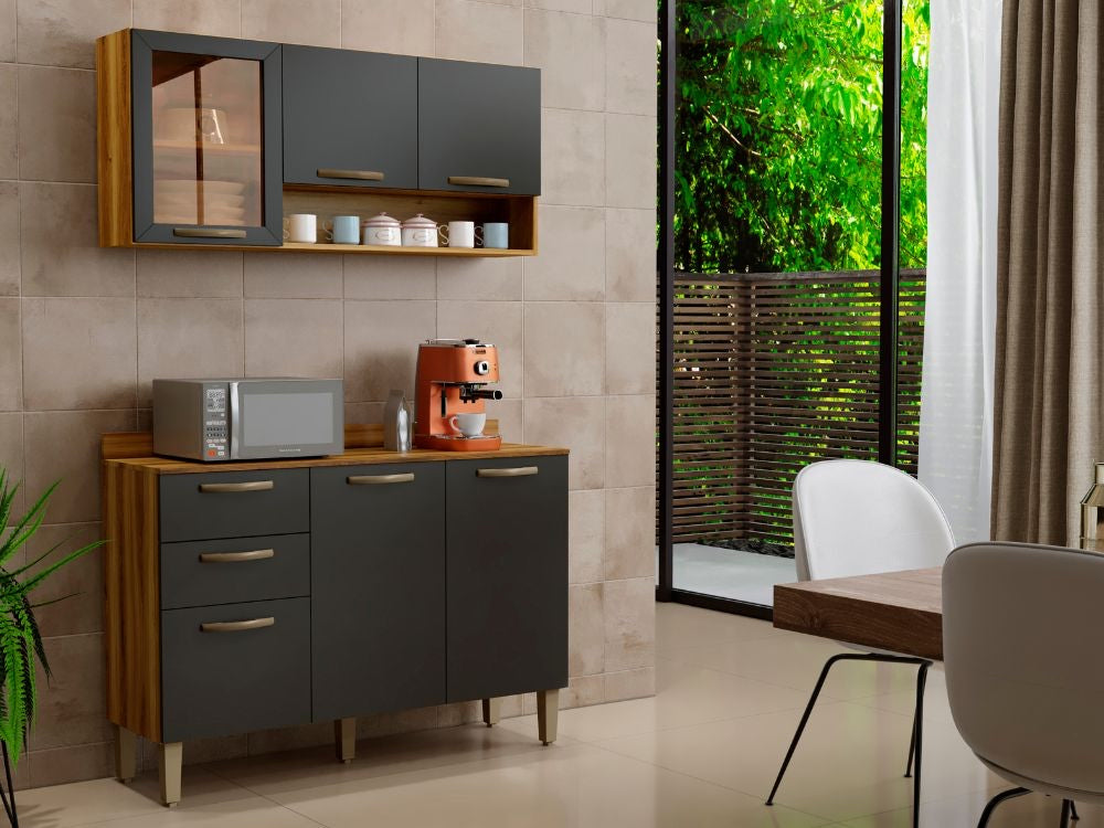 Combo Armário de Cozinha Aéreo 3 portas Reflecta + Balcão 1.20 Valência – Carvalho/Grafite - Móveis furniture