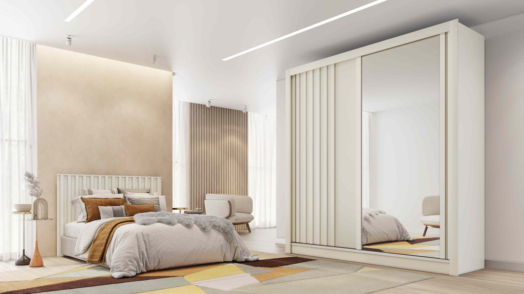 Roupeiro Lugano 2P sendo 1P Ripado e 1P com Espelho Off White - Móveis furniture