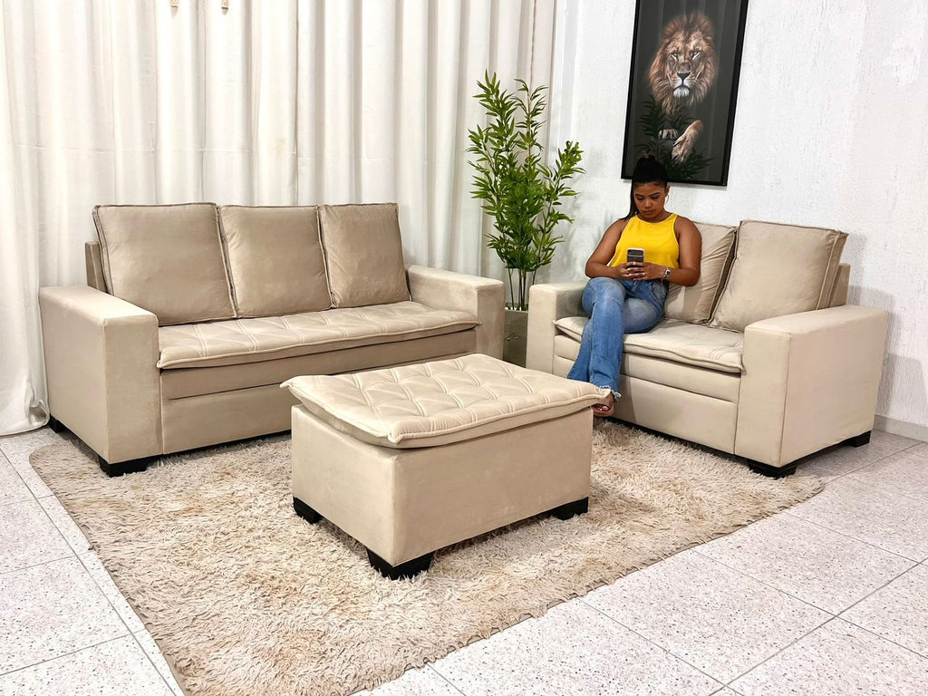 Sofá 3 e 2 lugares França com Puff Veludo Bege A32 - Móveis furniture