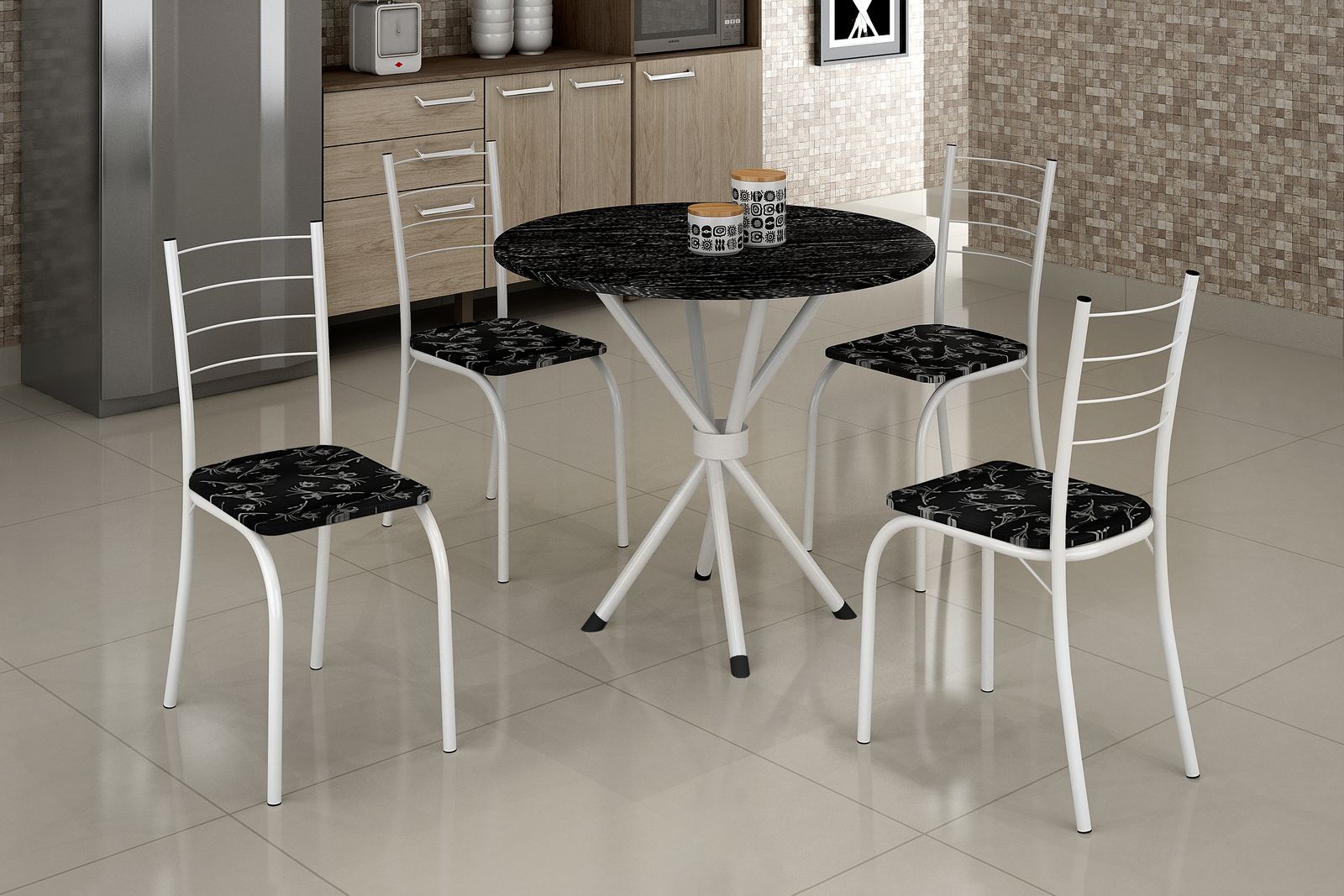 Conjunto Mesa Rio 70 Branco Indiana Preto Redondo e 4 Cadeiras Rio Branco.Liro Preto Teixeira