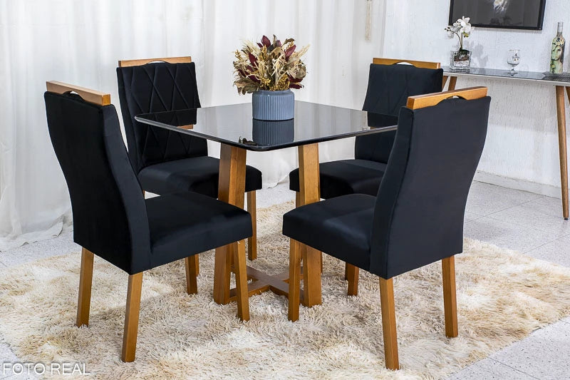 Mesa de Jantar Pedro Mel Tampo Vidro Preto 90×90 4 Cadeiras Lisboa Veludo Preto - Móveis furniture