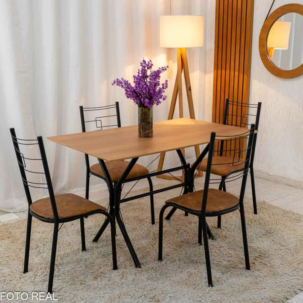 Mesa Paraty Base Cabo Frio Preto Tampo Madeirado 120×75 4 Cadeiras Paraty Assento Marrom - Teixeira