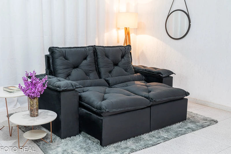 Sofá Retrátil Reclinável 2.00m Texas Veludo Preto - Móveis furniture