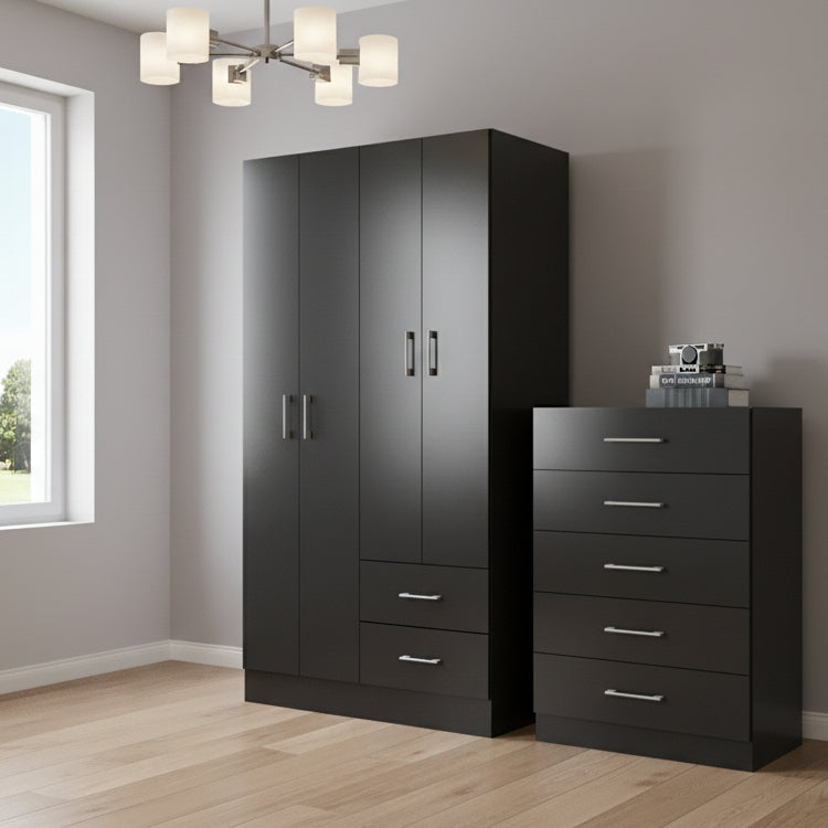 Guarda-Roupa 4 Portas Panamá 4002 + Cômoda 5 Gavetas Aruba Preto – FELLICCI