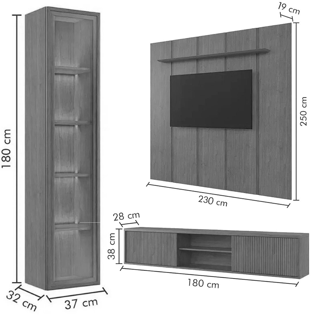 Conjunto Painel Dominus 230cm 3 Módulos Ripado 3 Portas Mavaular