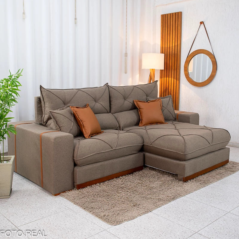 Sofá Retrátil Reclinável Gran Bello 2.30m Linho Marrom 28 - Molas Ensacadas Pocket