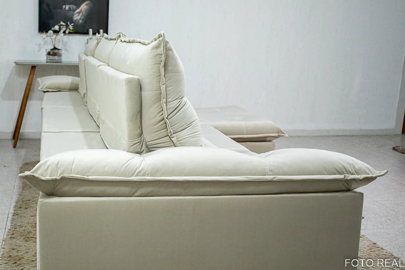 Sofá Retrátil Reclinável Emanuelly 3.20m Veludo Bege 01 - D28 Soft