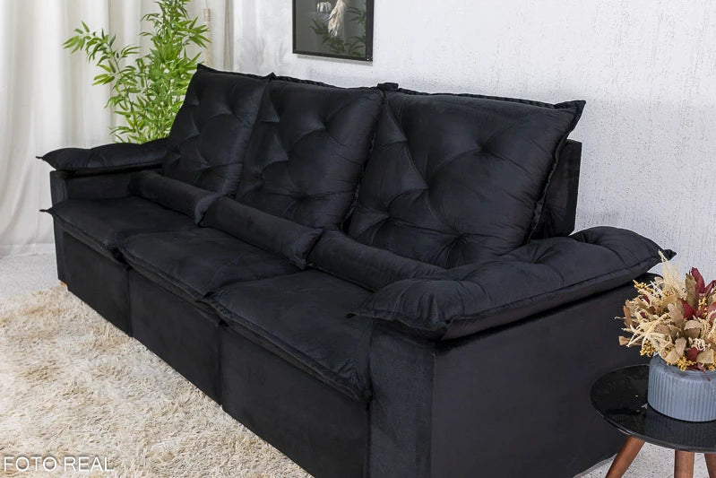 Sofá Retrátil Reclinável 2.70m Roma Veludo Preto 21 - D28 Soft - Móveis furniture