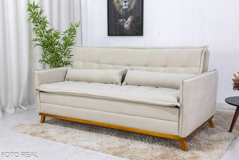 Sofá Cama Lotus larg. 1.93m Molas Bonnel Veludo Bege - Móveis furniture