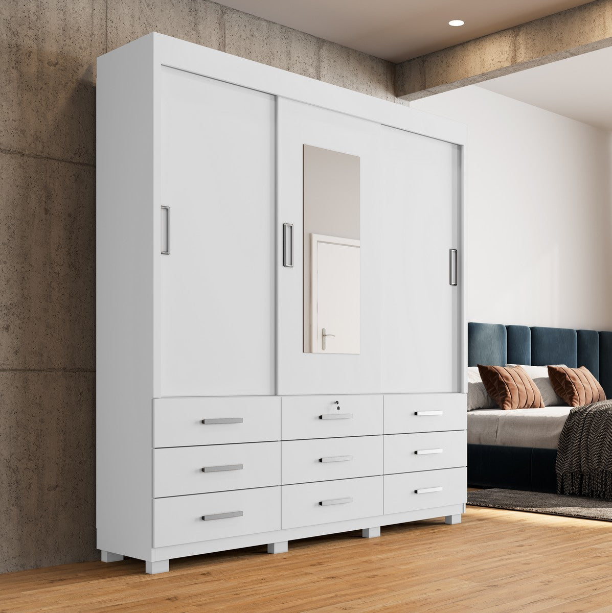 Guarda-Roupa Itapema  3 portas de correr com espelho 9 gavetas – Branco