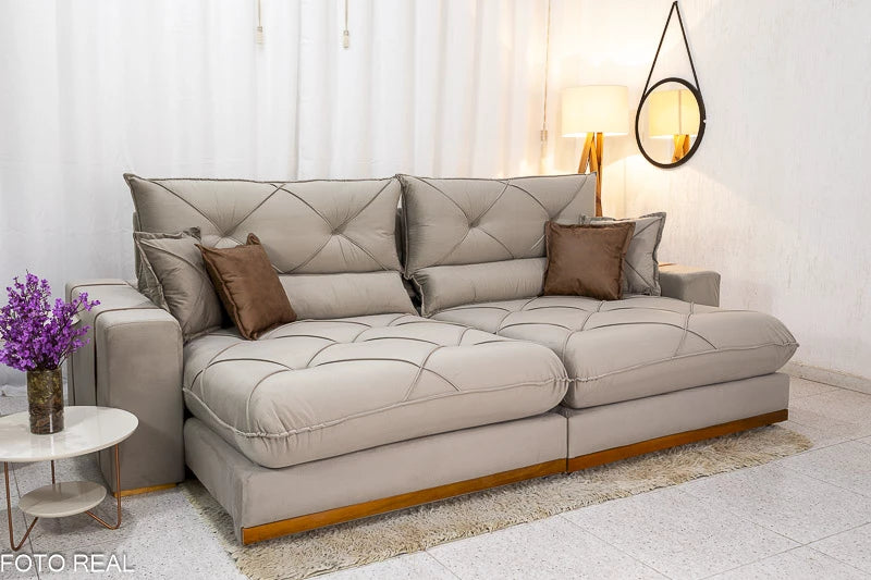 Sofá Retrátil Reclinável Gran Bello Veludo Capuccino Larg. 2.90m - D33 e Molas Ensacadas