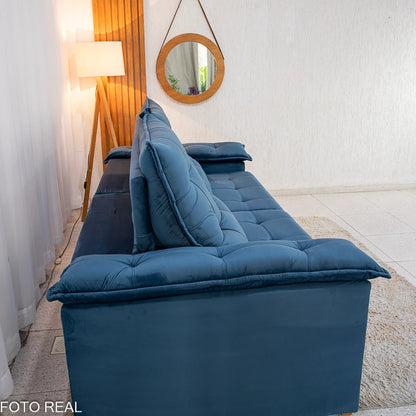 Sofá Retrátil Reclinável Barcelona 2.30m Veludo Azul - D33 e Molas Ensacadas