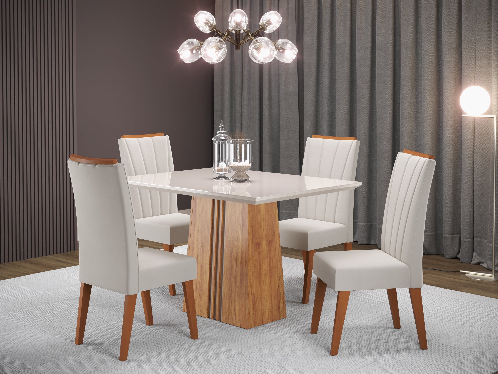 Sala Ibi 120x90 com 4 Cadeiras Safira Mel Blonde.Off White Veludo Marfim Viero - Móveis furniture