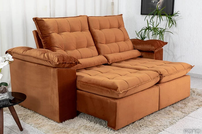 Sofá Retrátil Reclinável 2.00m Emanuelly Veludo Terracota - Móveis furniture