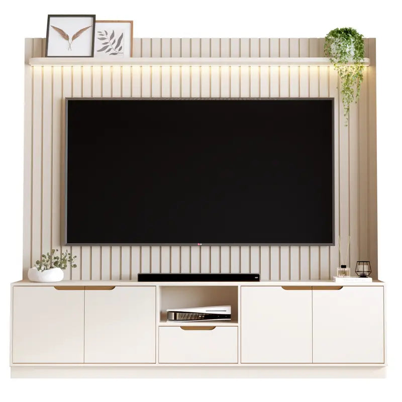 Rack com Painel Tucuma Ripado 230cm com Prateleira e Led 4 Portas 1 Gaveta Jb Bechara
