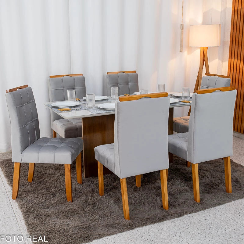 Mesa de Jantar Moscou 160x80 Vidro Off/Base Cinamomo + 6 Cad. Londres Veludo Prata Madeira Minas Plac - Entregue Montada