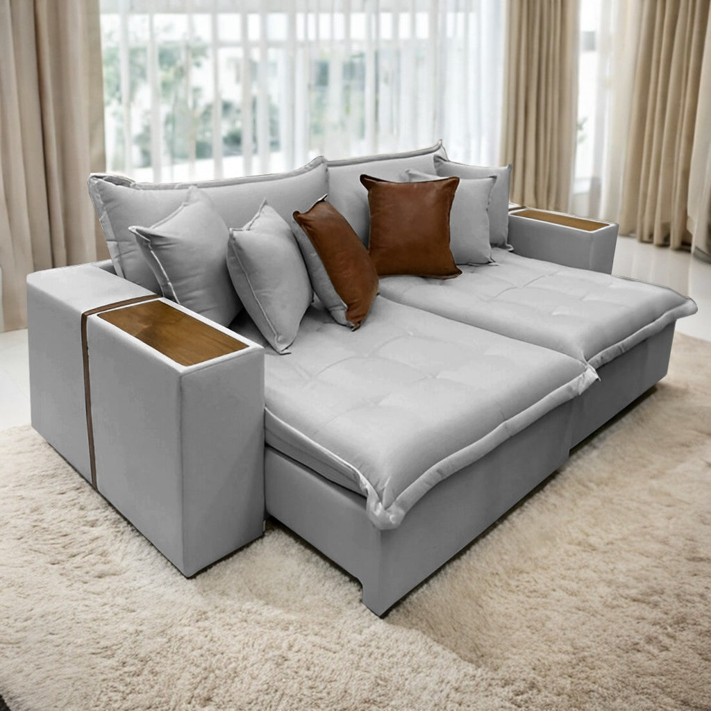 Sofá Cama Tebas 2,52 m Linho Gelo 07/Corino Dallas 07 – INNOVE ESTOFADOS