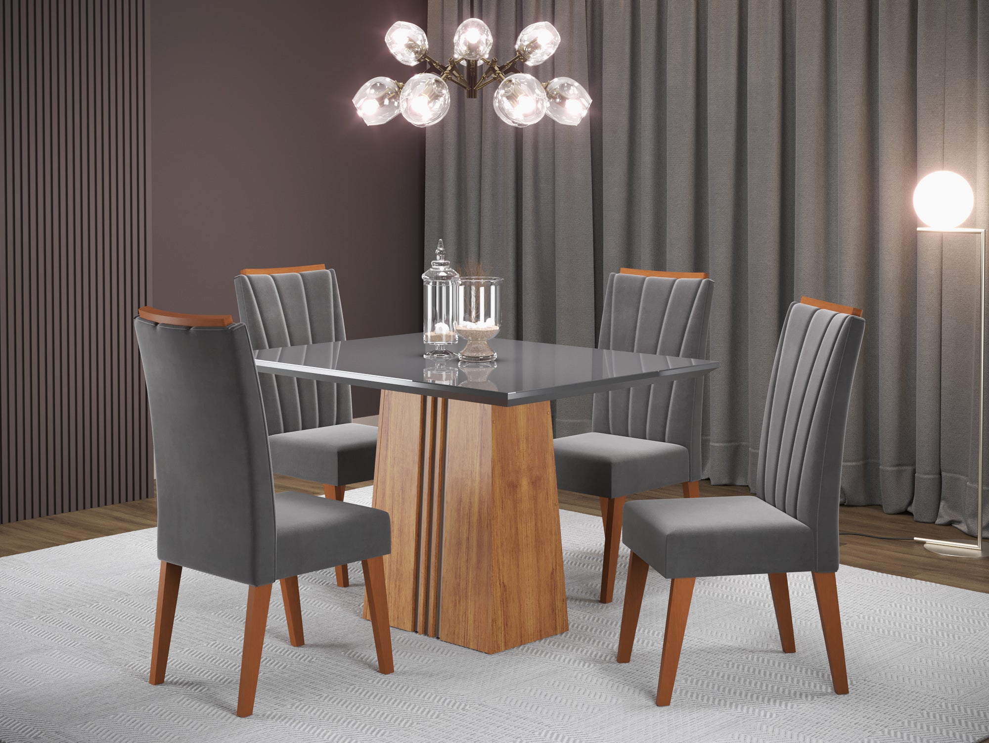 Sala Ibi 120x90 com 4 Cadeiras Safira Mel.Grafite Veludo Grafite Viero - Móveis furniture