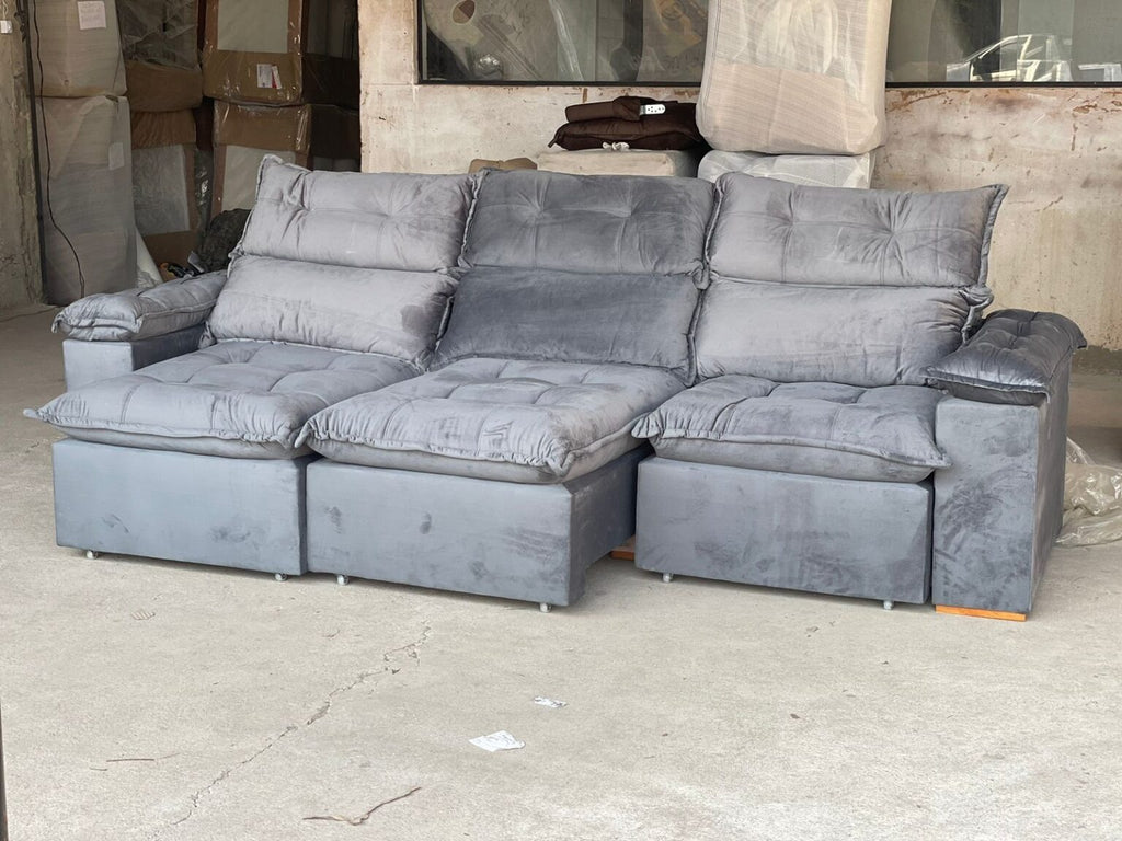Sofá Retrátil e Reclinável Imperial 2,75 m Veludo Jolie Cinza 08 – IMPERIAL DECOR - Móveis furniture
