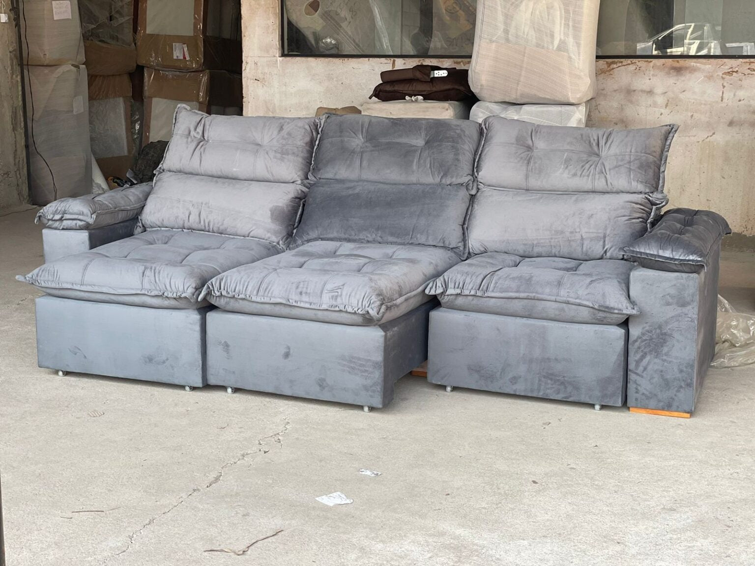 Sofá Retrátil e Reclinável Imperial 2,75 m Veludo Jolie Cinza 08 – IMPERIAL DECOR - Móveis furniture