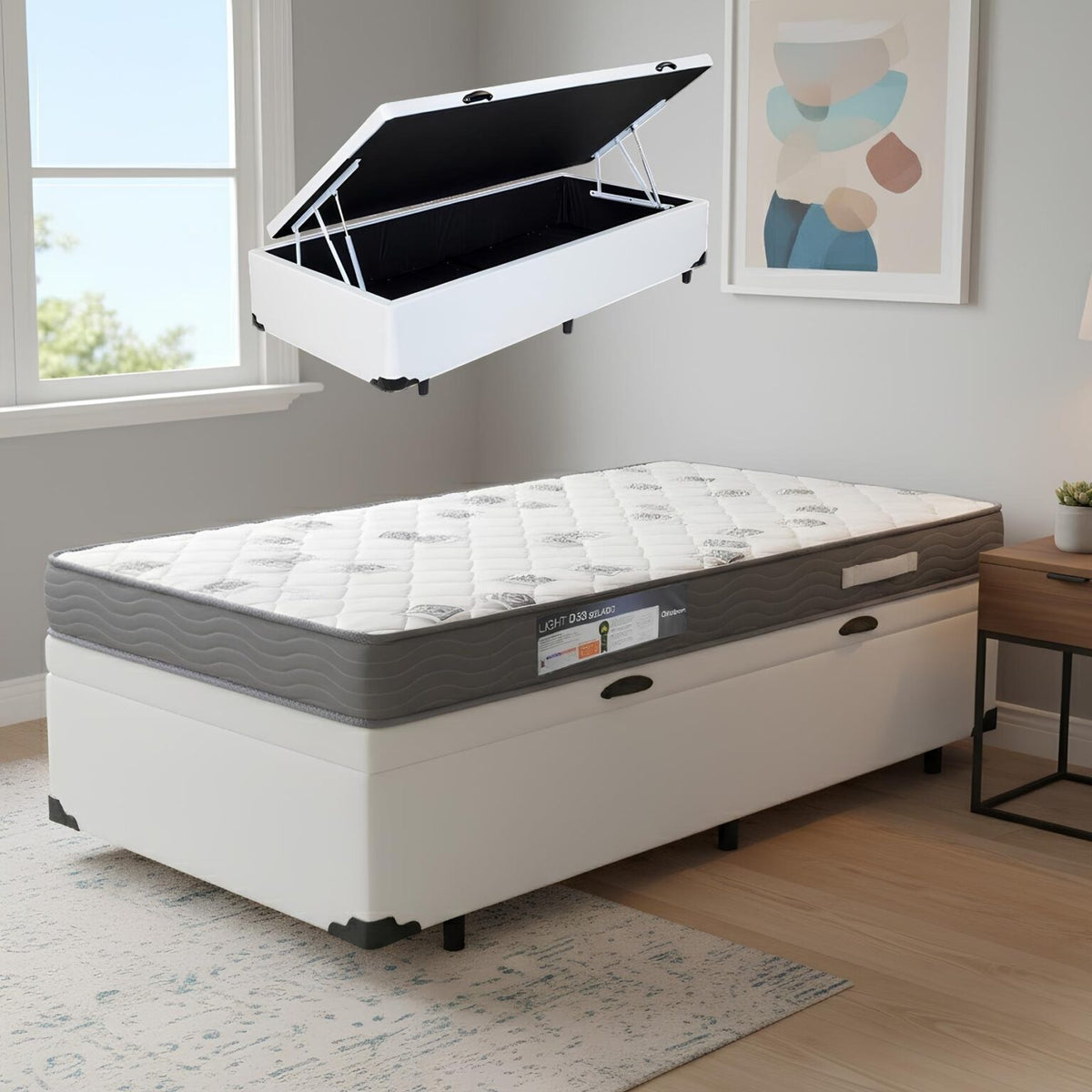 Colchão Solteiro Light D33 + Base Box Baú Corino Branco – ORTOBOM + ALTO NÍVEL CAMAS E COLCHÕES