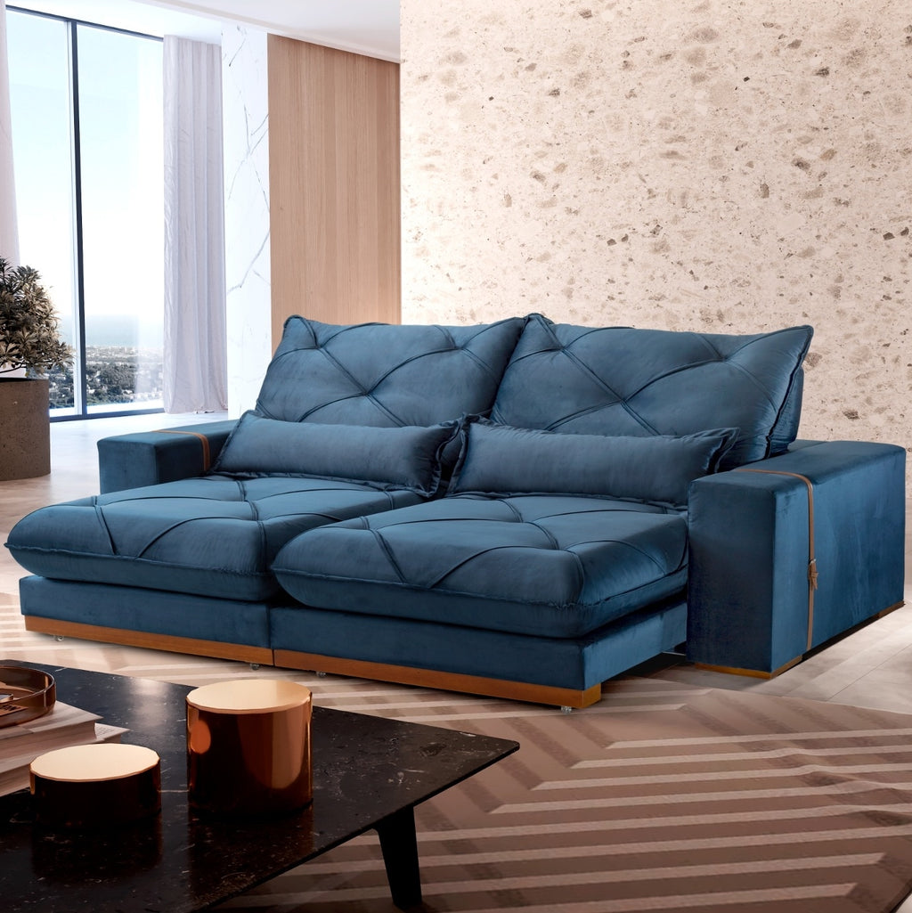 Sofá Retrátil e Reclinável Luanda/Isabella 2,50 m Veludo Azul – TREVO ESTOFADOS - Móveis furniture
