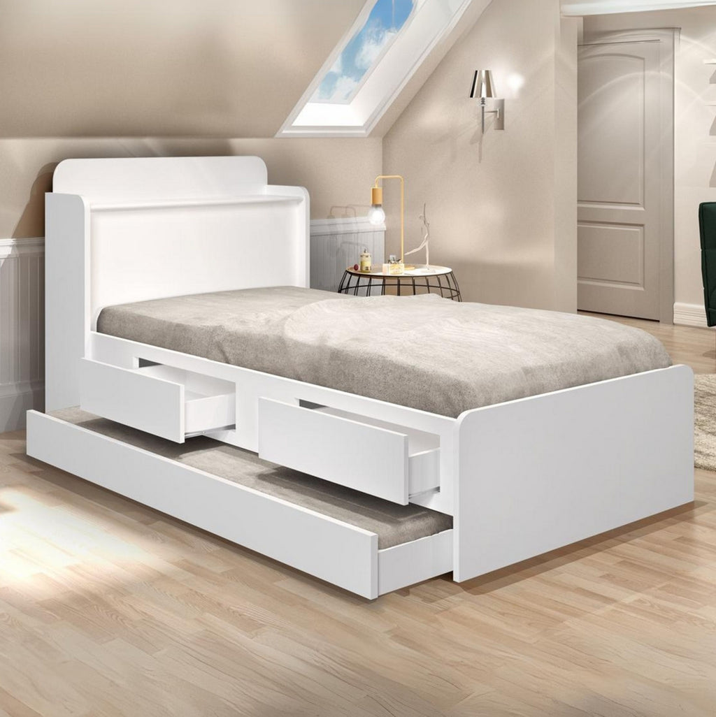 Cama Solteiro Baú Tamires + Auxiliar Mili Branco – MADEC/VJ MÓVEIS