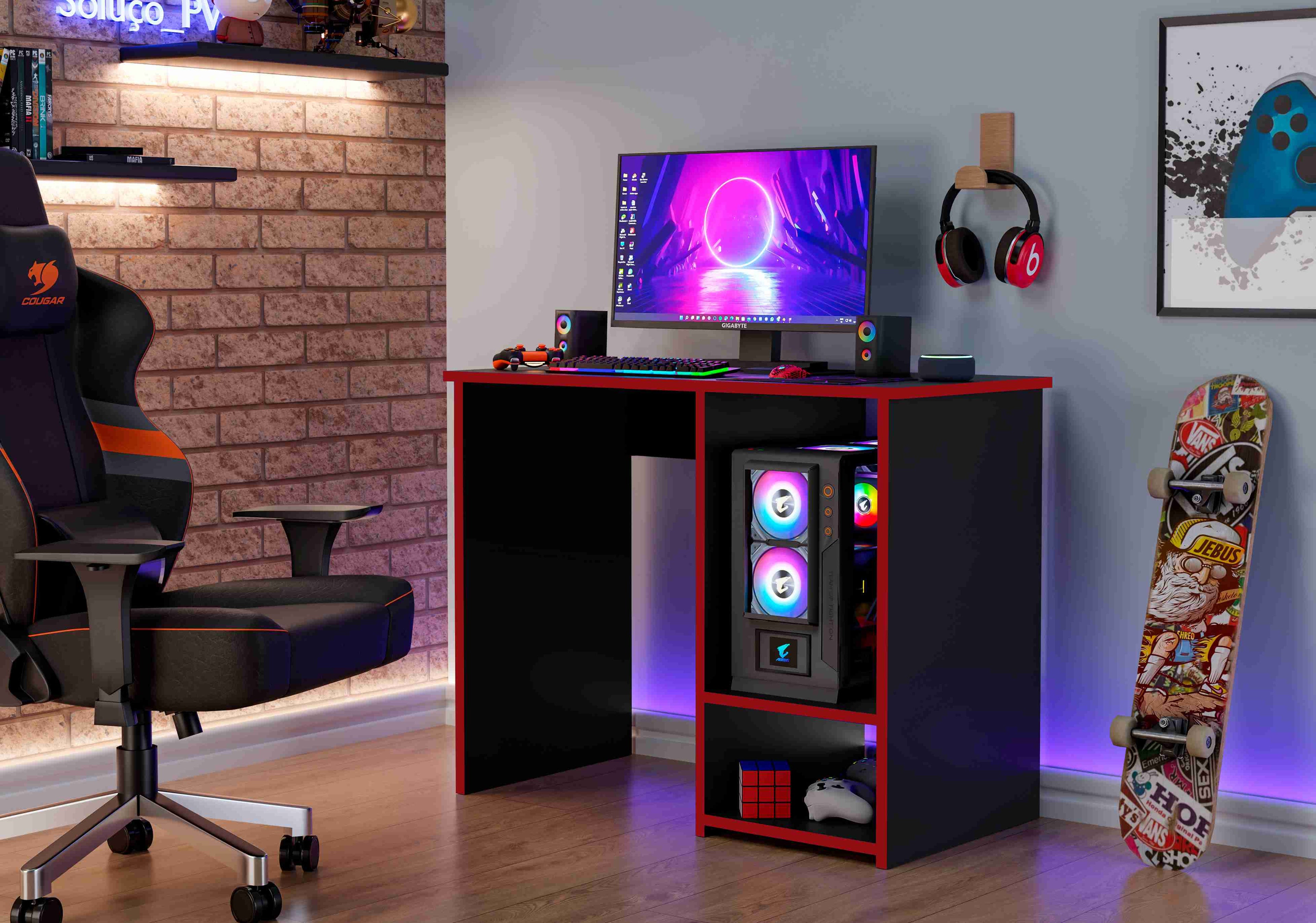 Mesa Gamer PX Preto Vermelho - Móveis furniture