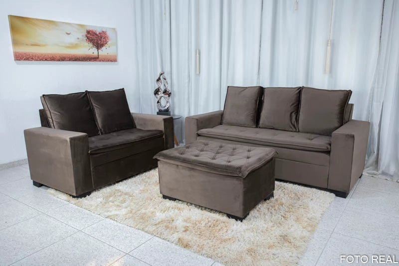 Sofá 3 e 2 lugares França com Puff Veludo Marrom A17 - Móveis furniture