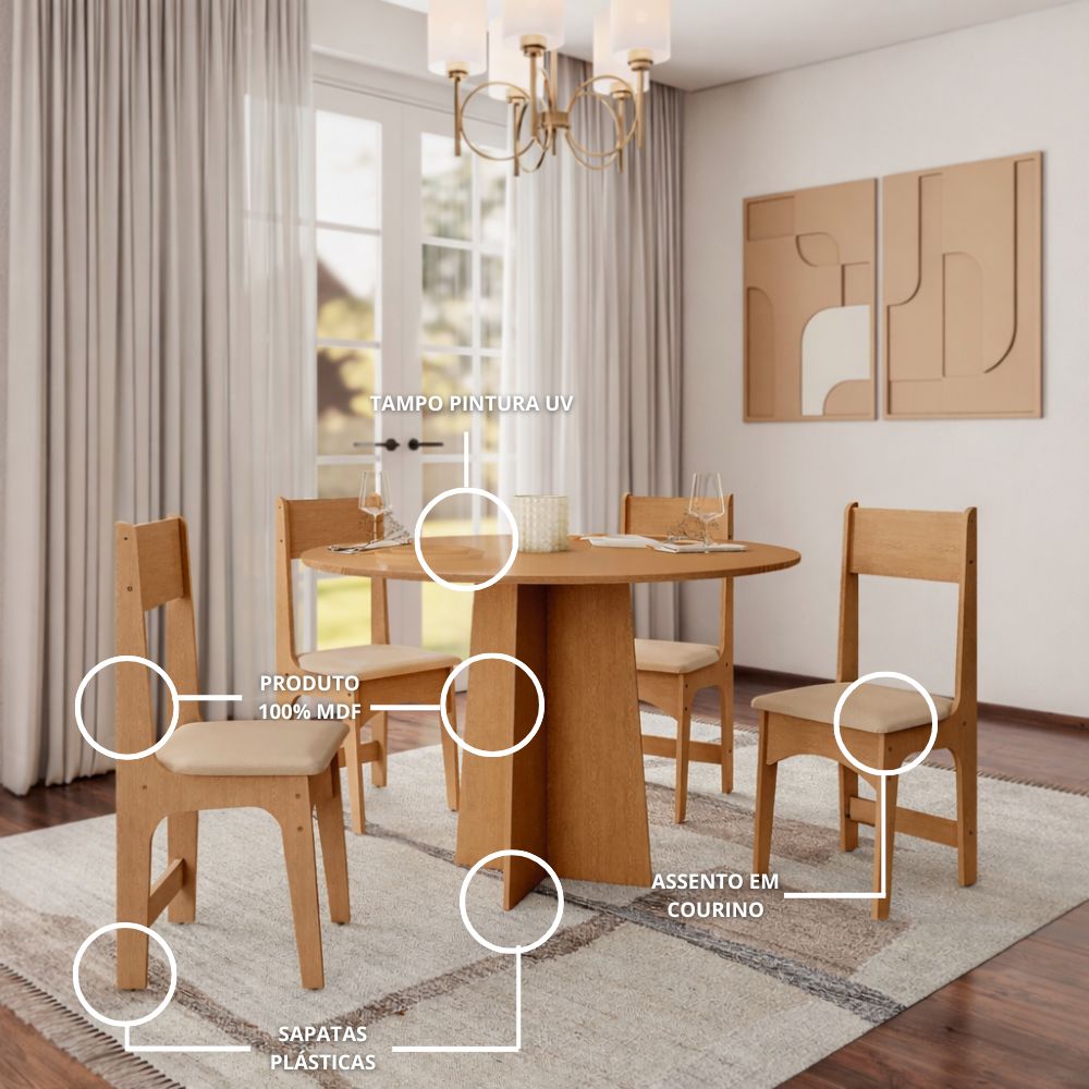 Mesa de Jantar Cindy Circular 90×90 c/4 Cadeiras Delta – Mel