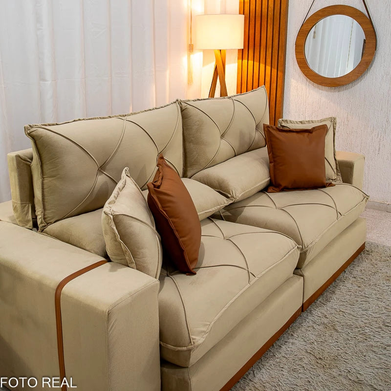 Sofá Retrátil Reclinável 2.50m Gran Bello Veludo Bege - D33 e Molas Ensacadas