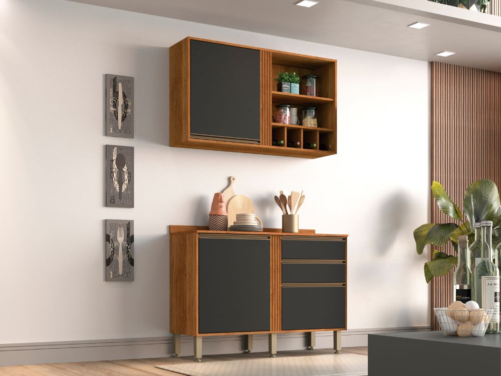 Combo Armário de Cozinha Aéreo 3 portas + Balcão 1.20 Pérola – Cinamomo/Grafite - Móveis furniture