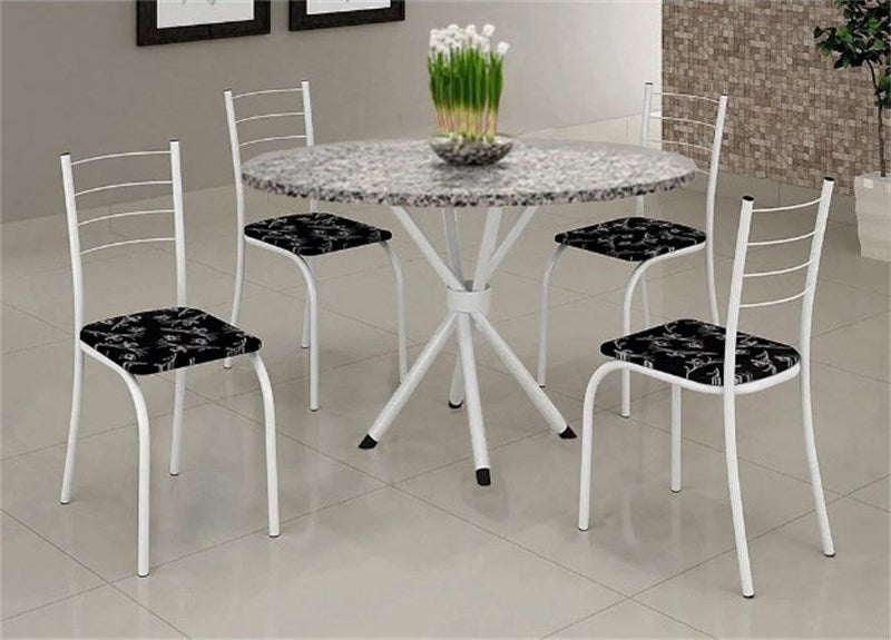 Conjunto Mesa Rio 70 Branco Granito Topazio Redondo e 4 Cadeiras Rio Branco.Liro Preto Teixeira