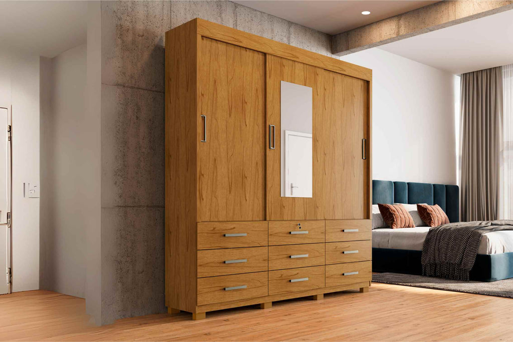 Guarda-Roupa Itapema  3 portas de correr com espelho 9 gavetas – cedro