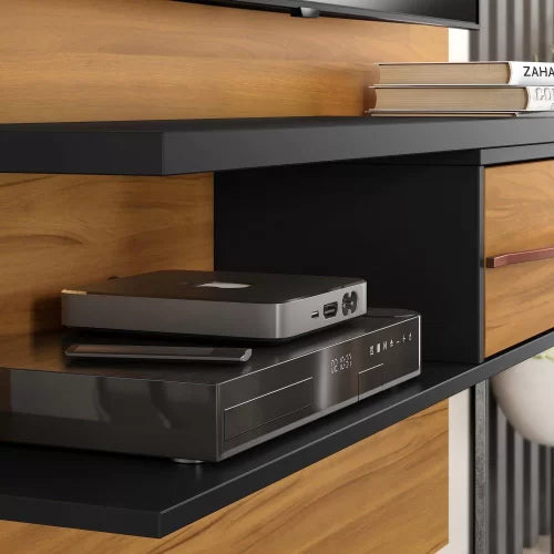 Painel Home Suspenso Para TV Até 55 Polegadas 1 Porta Sala de Estar Marrom Madeira e Preto Preto/Marrom - Móveis furniture