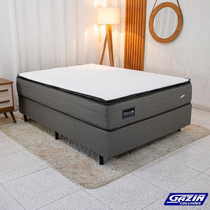 Box Casal Universal Linho Grafite + Colchão Casal Texas 138x188x69 Molas BlueWave - Gazin