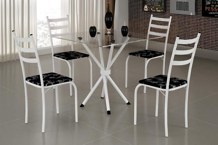 Conjunto Mesa Maraba 75x75 BrancoTmp Vidro Quadrado com 4 Cds Branco.Lirio Preto Teixeira