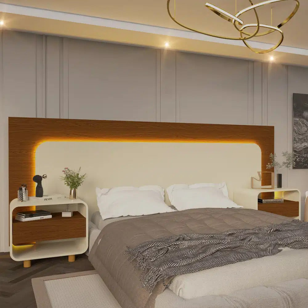 Cabeceira Box Innova 140 160 195 com LED e 2 Mesas de Cabeceira Castanho.Off White Gelius - Móveis furniture
