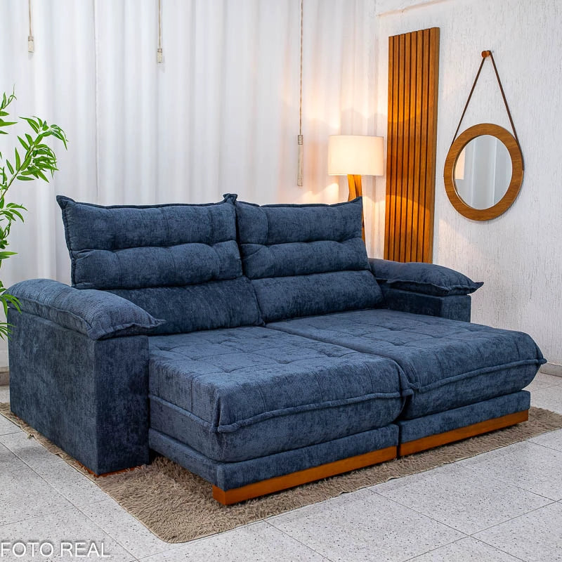 Sofá Retrátil Reclinável Itauna 2.30m Chenille Azul 575 D28 Soft - Molas Ensacadas
