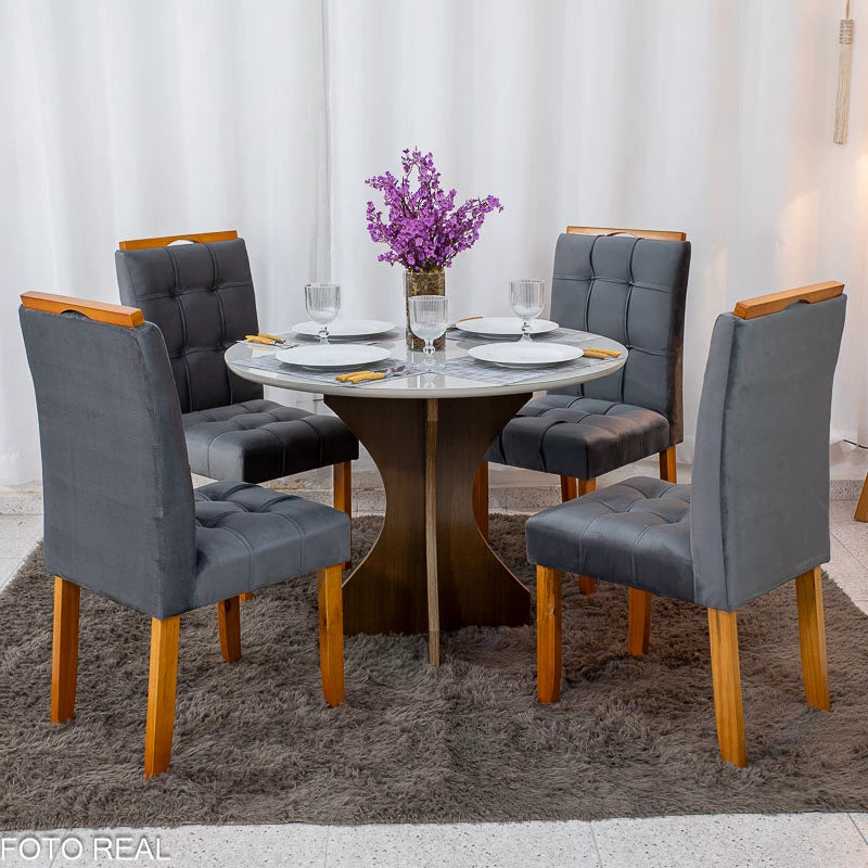 Mesa de Jantar Siena Redonda 100cm Vidro Off/Base Cinamomo + 4 Cad. Londres Veludo Chumbo Madeira Minas Plac - Entregue Montada