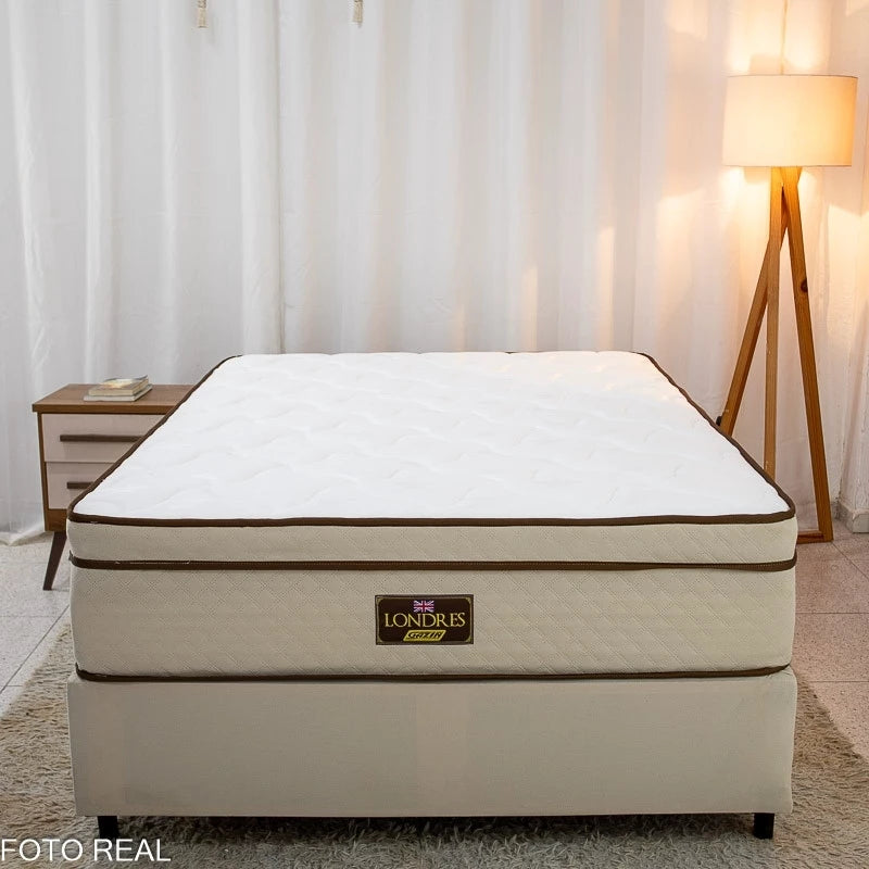 Box Casal Universal Liso Bege + Colchão Casal Londres 138x188x72 Molas BlueWave - Gazin