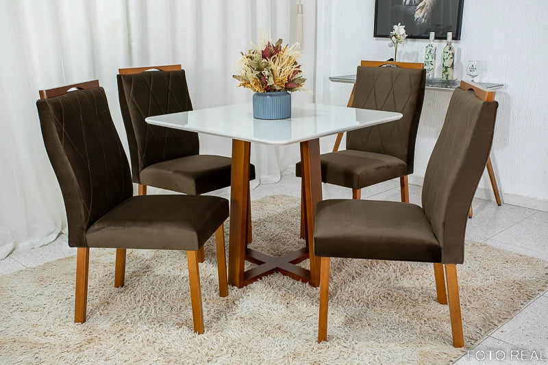 Mesa de Jantar Pedro Mel Tampo Vidro Off 90×90 4 Cadeiras Lisboa Veludo Marrom - Móveis furniture